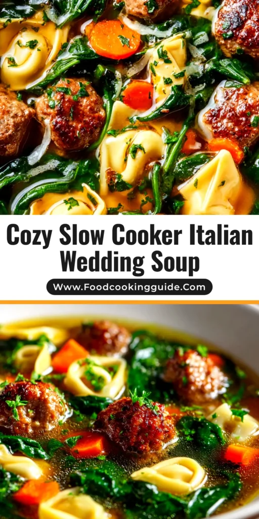 A top-down view of a delicious bowl of Slow Cooker Italian Wedding Soup, filled with meatballs, pasta, and greens, ready to be pinned.