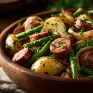 A close-up shot of the Crockpot Kielbasa Potatoes Green Beans in a rustic bowl, garnished with fresh parsley. This highlights the texture of the slow cooker sausage and potatoes.