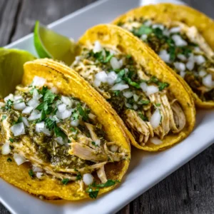 Three slow cooker salsa verde chicken tacos on a white plate, topped with fresh cilantro and diced red onion.