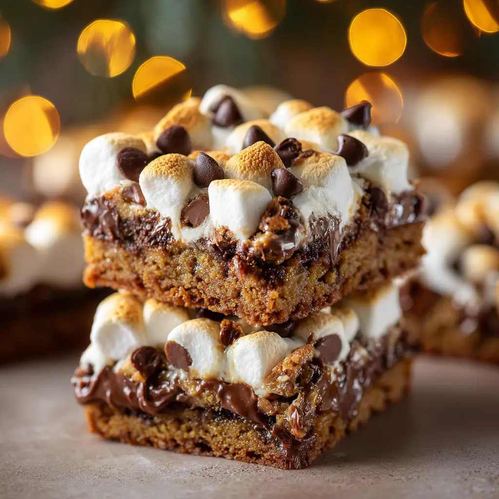 A single Smores Gingerbread Cookie Bar held up to show the distinct layers: a dark gingerbread cookie bottom, a melted milk chocolate center, and a thick, gooey marshmallow top.