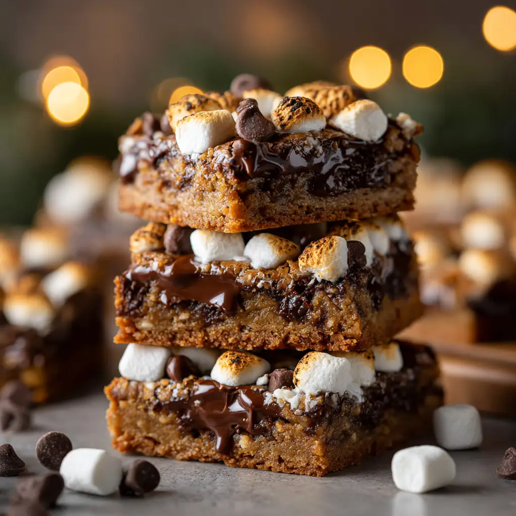 A pan of freshly baked smores gingerbread cookie bars before being sliced. The golden-brown toasted marshmallow topping is visible across the entire pan, ready for cooling.