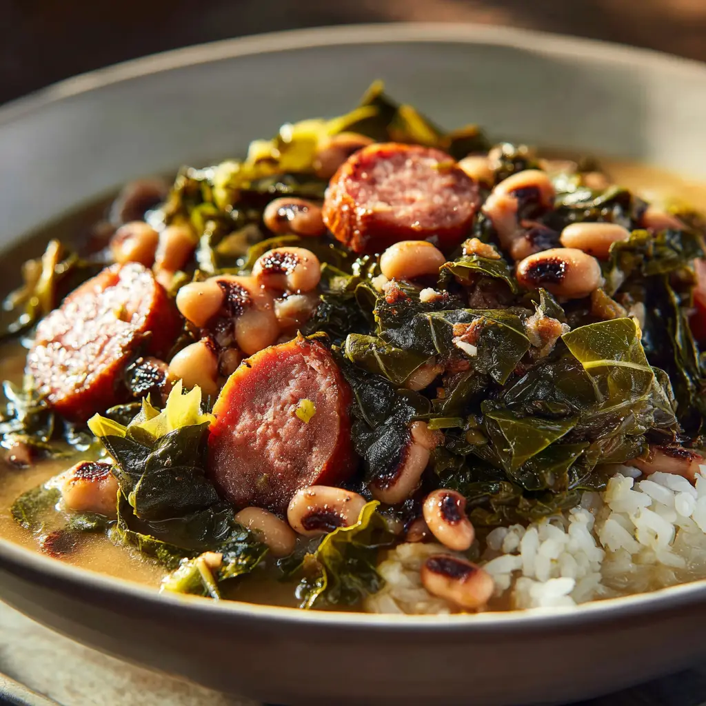 A spoonful of crockpot black eyed peas and collard greens, ready to be eaten. This comforting soul food is a New Year's tradition.