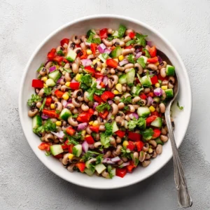 A large glass bowl filled with Southern black-eyed pea salad, showcasing the vibrant colors of bell peppers, corn, and red onion.