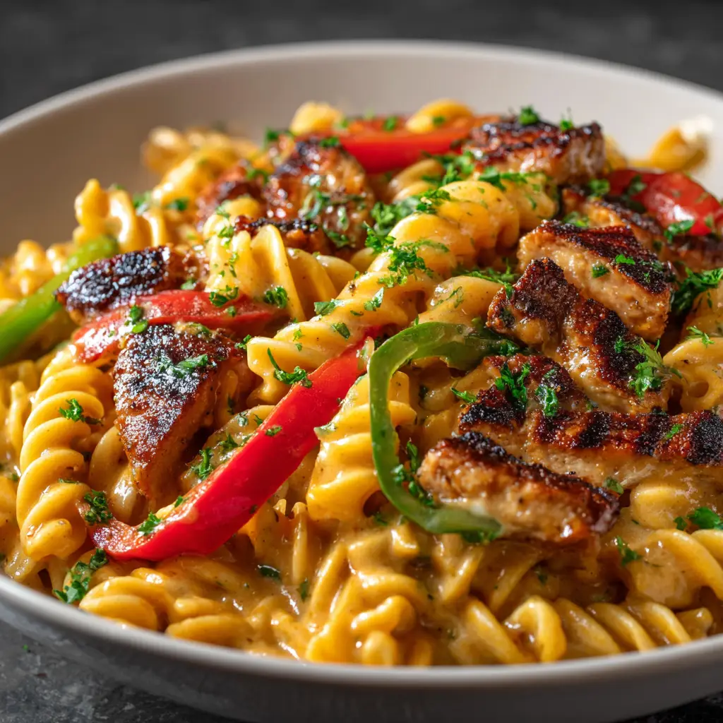A bowl of spicy Caribbean pasta with red, yellow, and green bell peppers, garnished with fresh green onions.