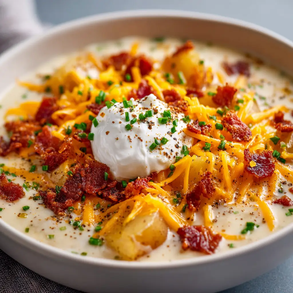 A spoonful of thick loaded baked potato soup being lifted from a bowl, garnished with bacon and chives. Highlights the perfect consistency of the dish.