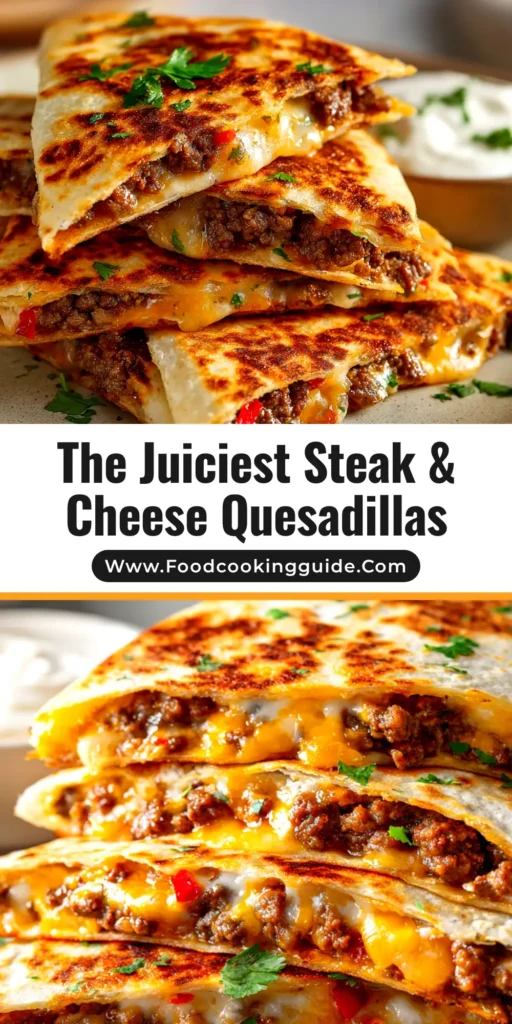 A delicious Steak and Cheese Quesadilla cut into wedges on a wooden board, showing a cheesy pull. Served with sour cream and guacamole.