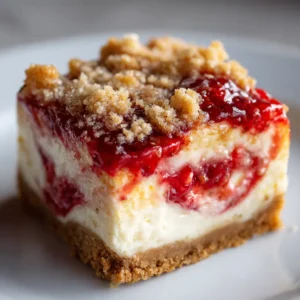 An extreme close-up of a Strawberry Shortcake Cheesecake Bar, highlighting the crumbly shortbread topping and fresh strawberry layer.