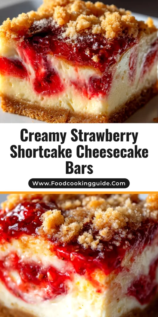 A perfectly cut square of Strawberry Shortcake Cheesecake Bars on a white plate, showing the buttery crust, creamy filling, and strawberry crumble topping.