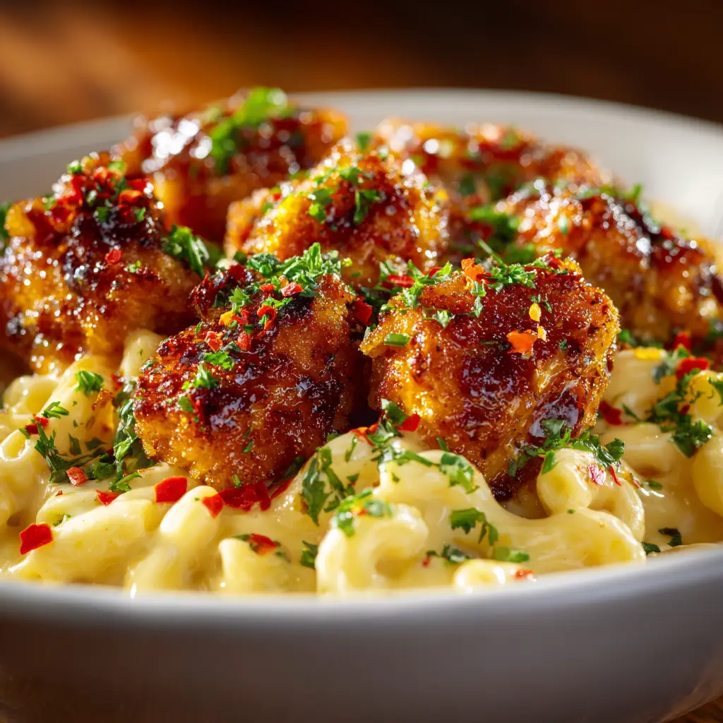 A scoop of honey pepper chicken mac and cheese on a fork, showcasing the tender pieces of chicken mixed with the pasta.