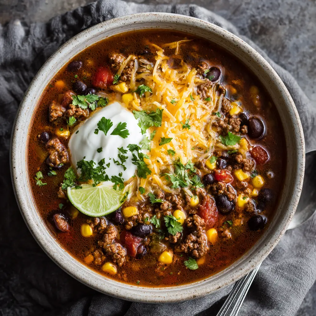 A spoonful of taco soup being lifted from a bowl, highlighting the corn, beans, and seasoned ground beef in the savory broth.