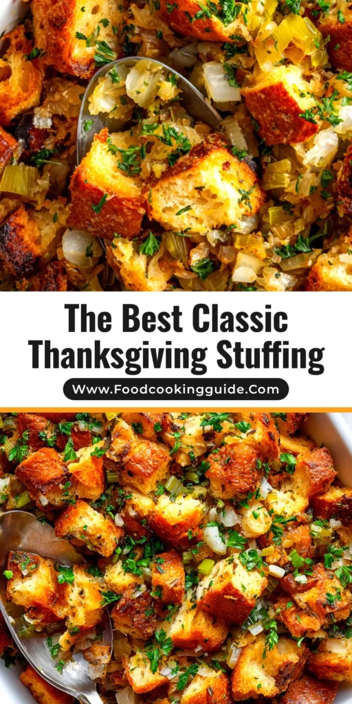 A close-up overhead shot of a classic Thanksgiving stuffing recipe baked in a white dish, garnished with fresh herbs. The stuffing is golden-brown and perfectly moist.