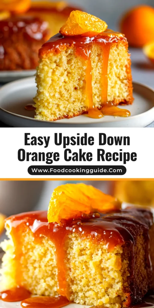 A beautiful overhead shot of a whole Upside Down Orange Cake Recipe, showcasing the glossy, caramelized orange topping. The cake is on a white serving platter, ready to be sliced and served.