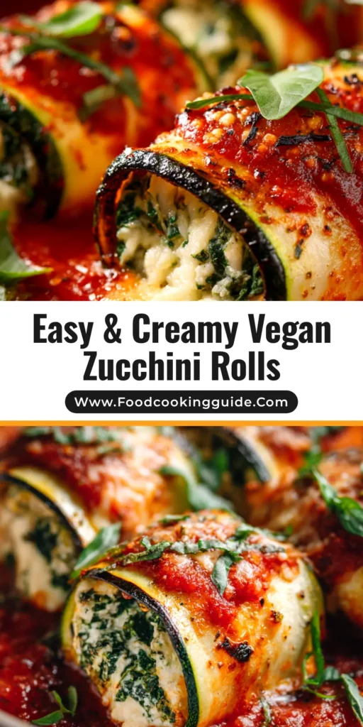 A beautiful platter of baked vegan zucchini rollatini, with rolls neatly lined up in a rich red marinara sauce and topped with fresh green parsley.