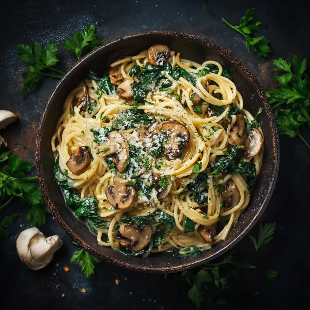 A pan of vegetarian spaghetti with spinach and mushrooms being tossed together, creating a creamy sauce.