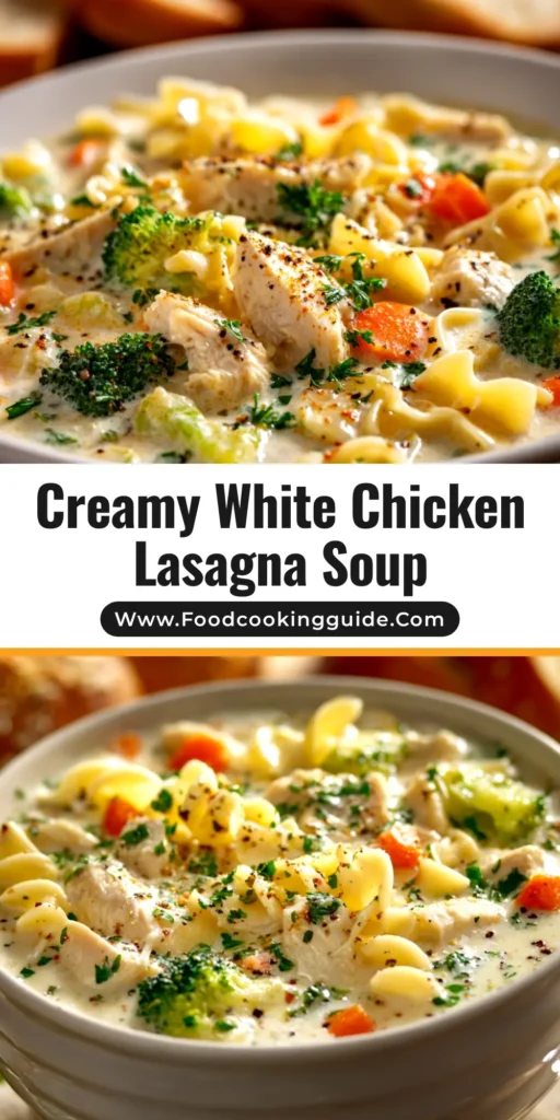 A large white bowl filled with creamy white chicken lasagna soup, topped with ricotta and parsley. The title 'White Chicken Lasagna Soup' is written in a bold font.
