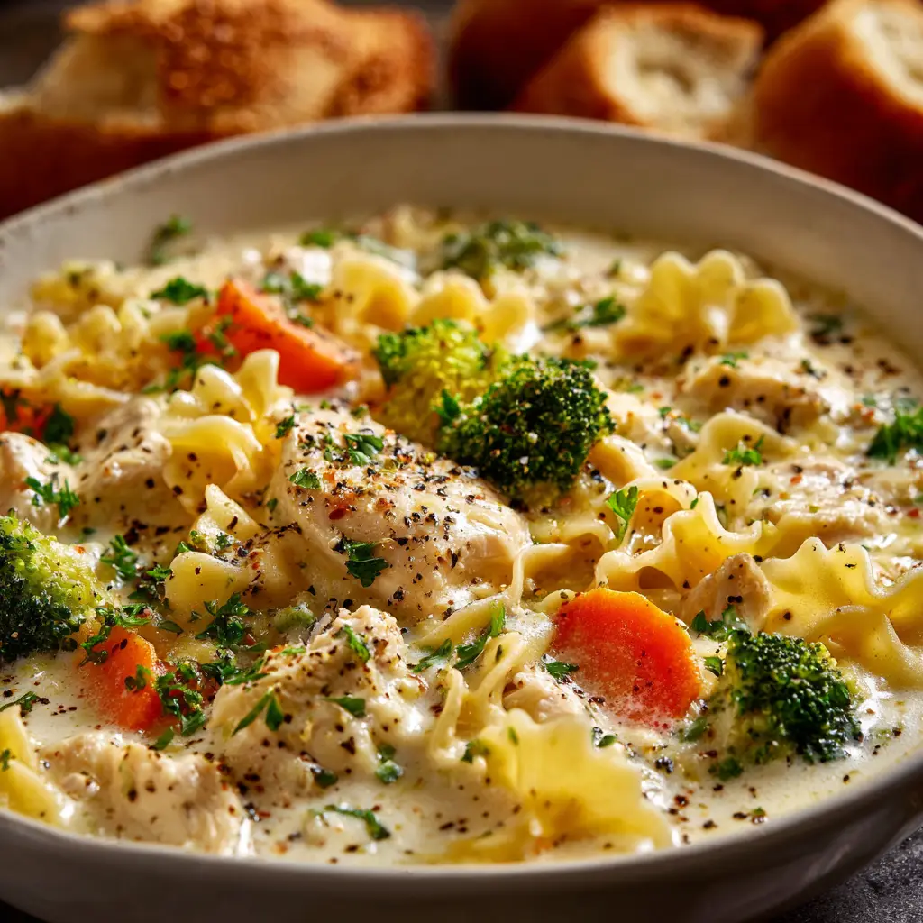A spoonful of white chicken lasagna soup being lifted from a bowl, with melted cheese stretching slightly.