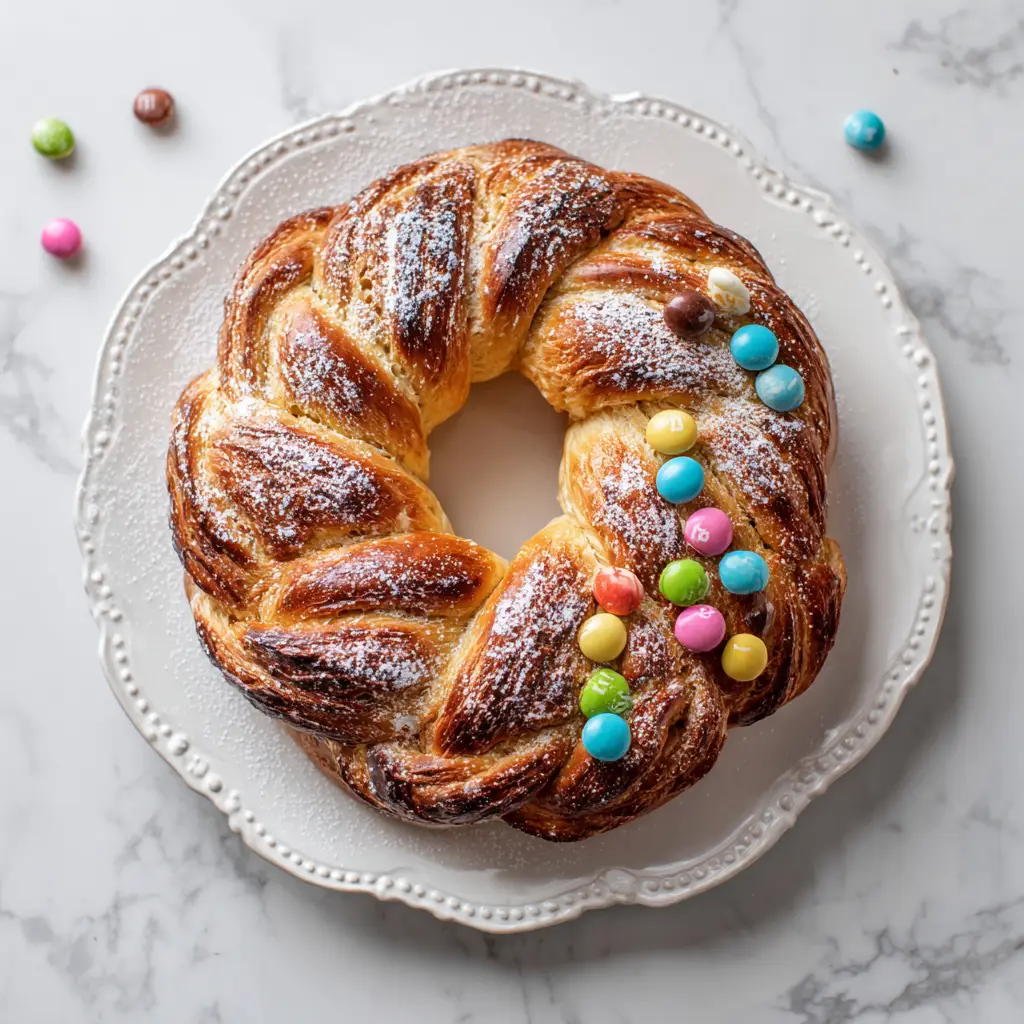 An overhead shot of a whole, freshly baked Rosca de Reyes. The traditional Mexican sweet bread is perfectly golden and decorated with vibrant candied fruits and stripes of sugar paste.