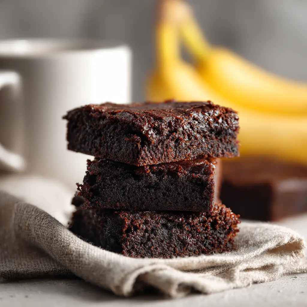 A close-up shot of a 3 ingredient banana brownie with a bite taken out, showing the moist interior.