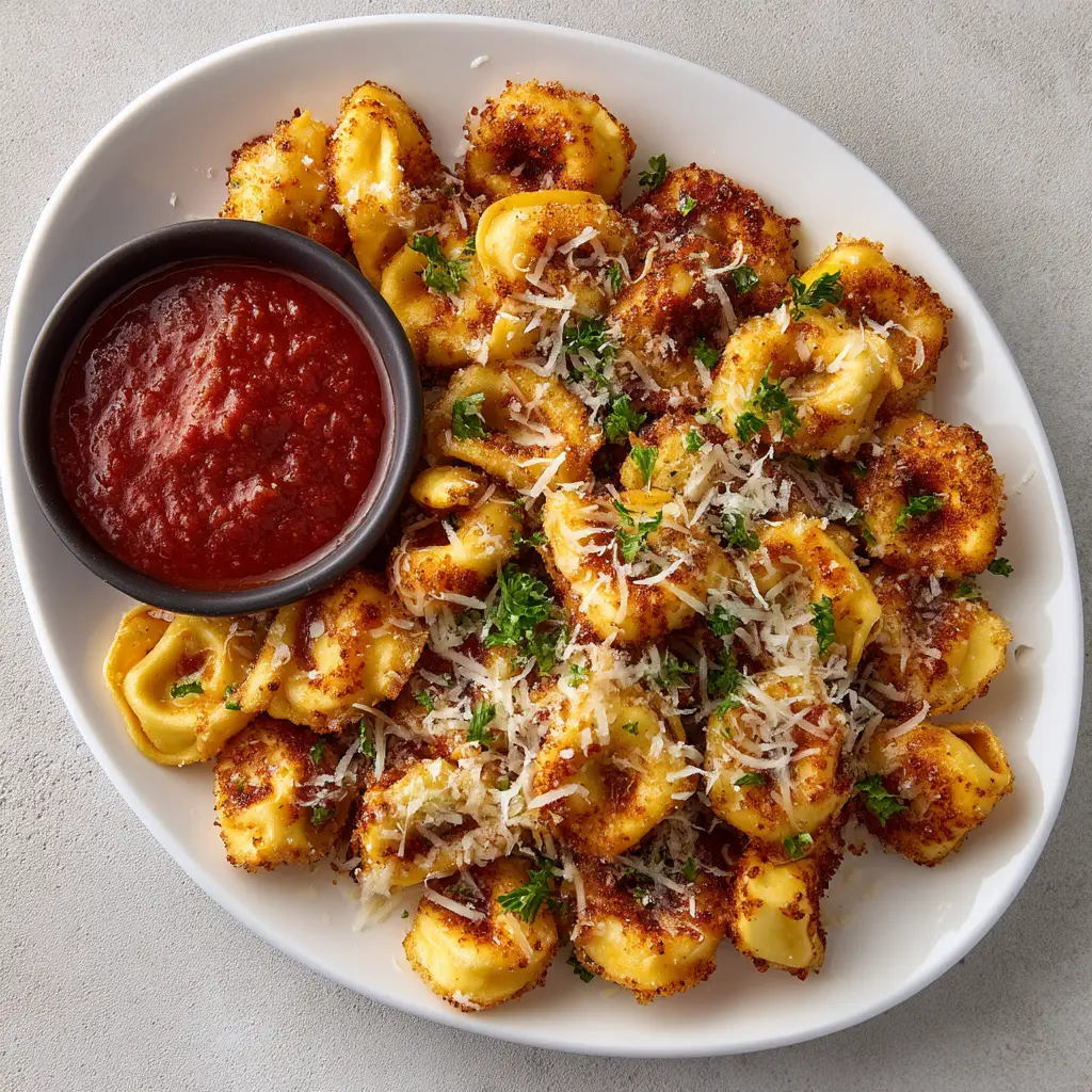 A bowl of crispy toasted tortellini served with a side of warm marinara sauce for dipping.