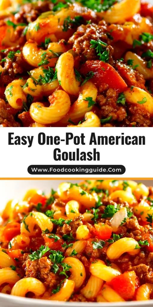 A close-up shot of a white bowl filled with classic American Goulash Recipe, featuring ground beef, macaroni, and a rich tomato sauce, garnished with fresh parsley.