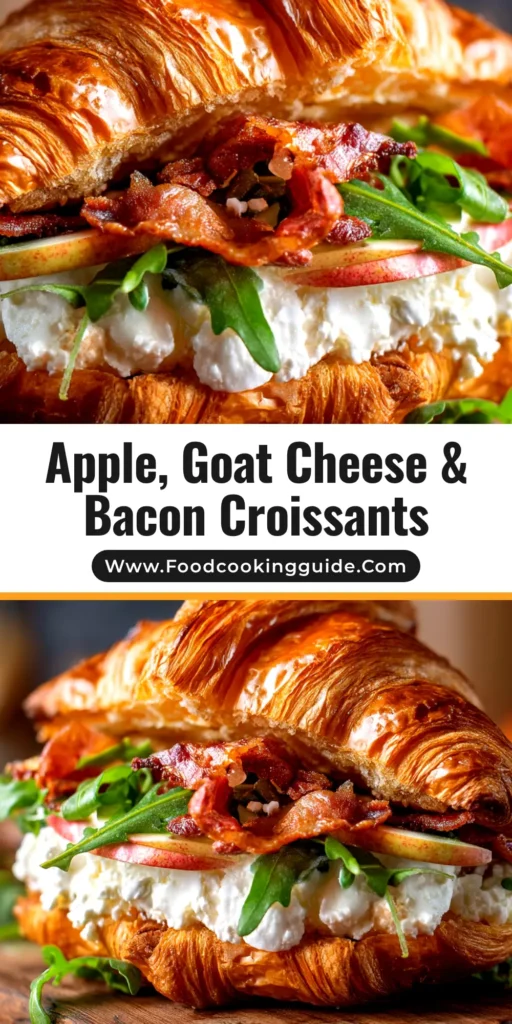 Apple Goat Cheese Croissant: A Perfect Blend of Sweet & Savory 3 A golden-baked Apple Goat Cheese Croissant sliced in half to show the warm, melted goat cheese and apple filling, presented on a rustic wooden board.