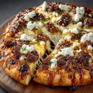A top-down view of an artisan Sausage Feta Honey Pizza, showing the crispy golden crust and evenly distributed toppings before being sliced.