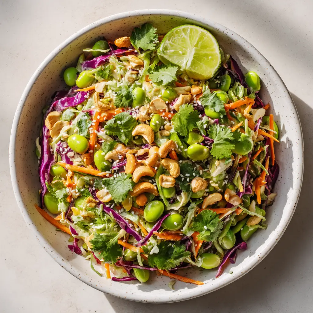 Edamame Crunch Salad with Sesame Ginger Vinaigrette 1 A large bowl of Asian crunch salad being tossed, with the sesame ginger dressing being poured over the fresh vegetables and edamame.
