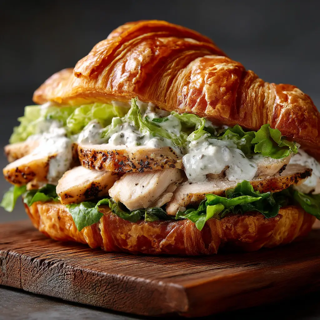 Two assembled Chicken Caesar Croissant Sandwiches stacked on a wooden board, ready to be served for a quick lunch.