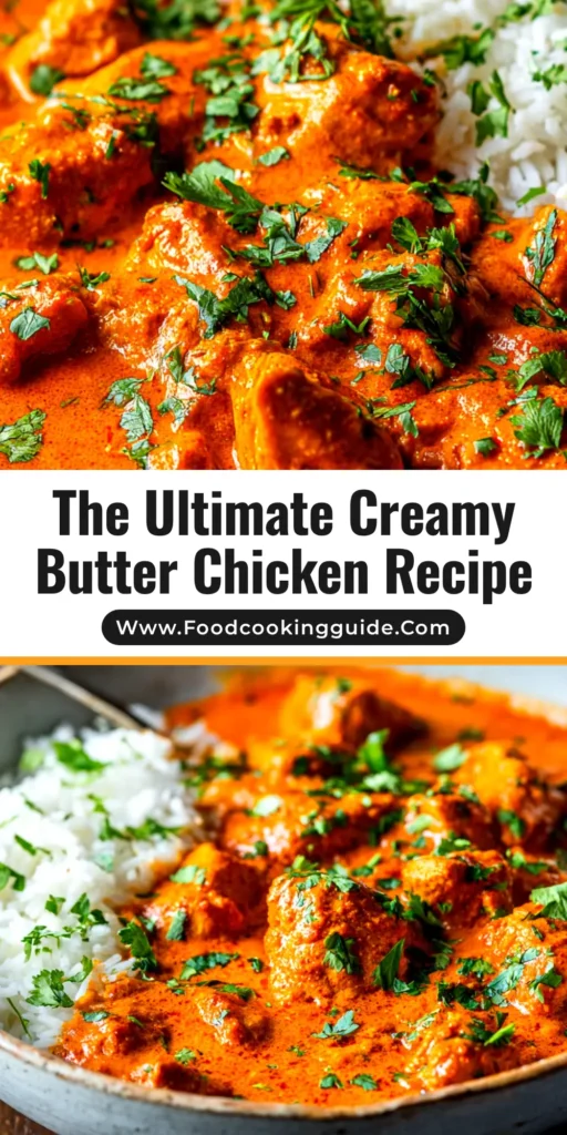 A beautiful overhead shot of a bowl of authentic Butter Chicken Recipe, garnished with fresh cream and cilantro, served with naan bread.