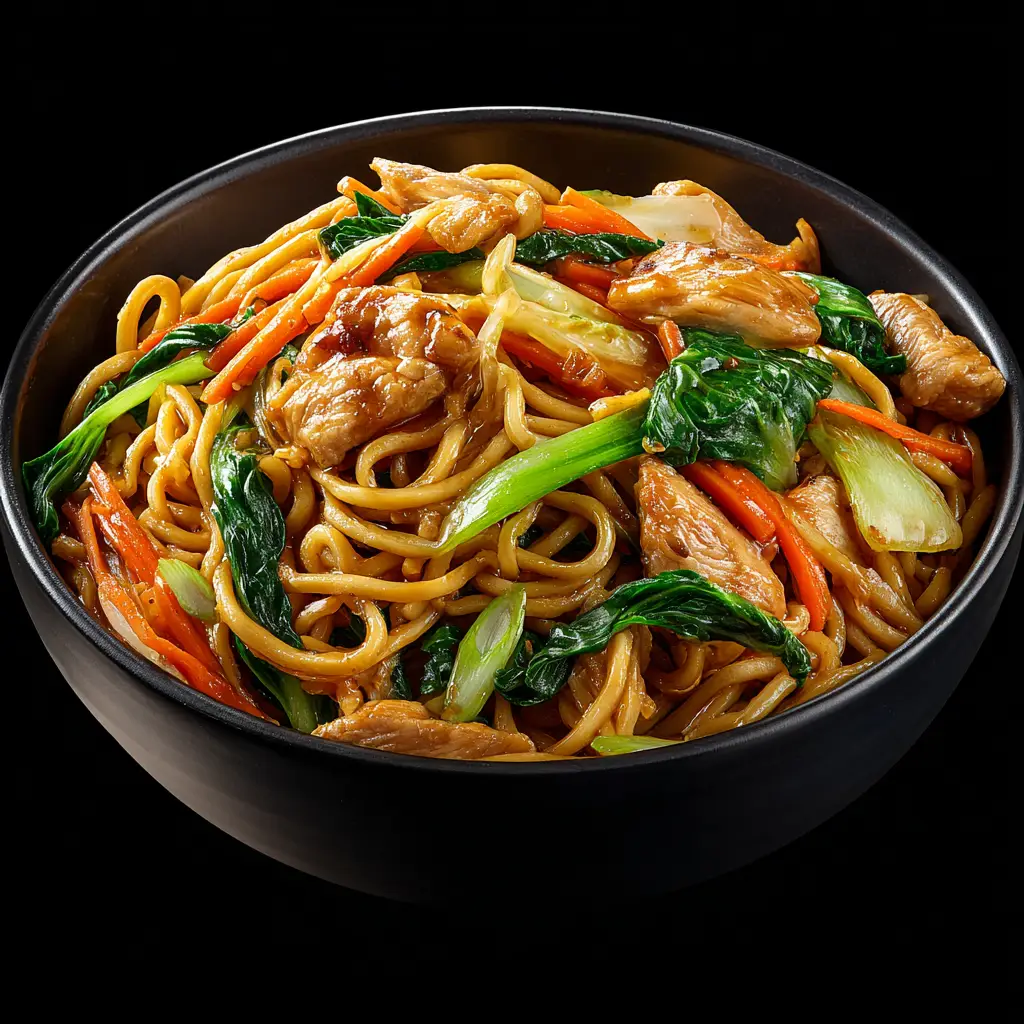 A beautiful final plated Chow Mein Recipe, ready to be served. The noodles are glistening with sauce and topped with sesame seeds.