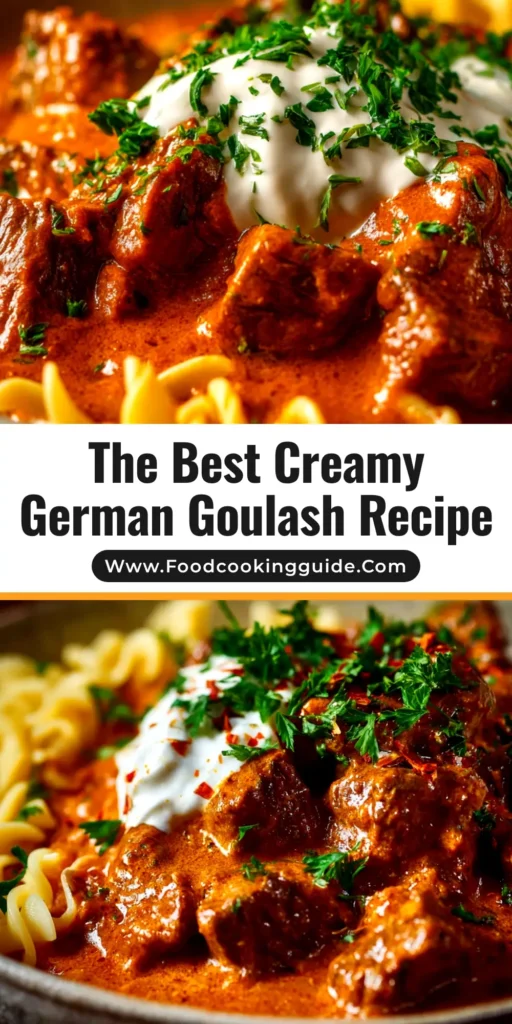 An overhead shot of authentic German Goulash Recipe in a rustic bowl, served over egg noodles and garnished with fresh parsley. The rich, dark stew is the focus.