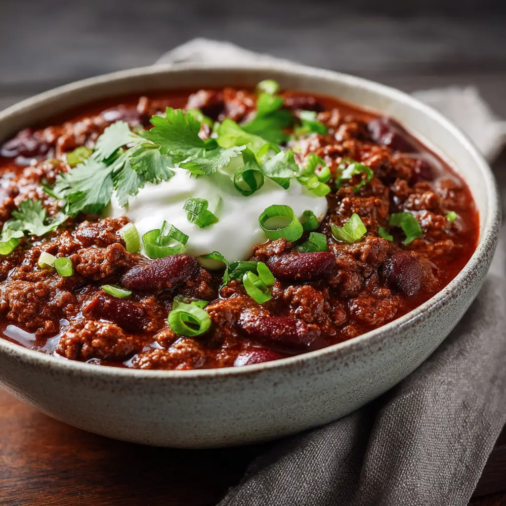 A rustic bowl of authentic Texas chili, showcasing large, tender pieces of beef in a deep red, thick sauce, ready to be served.