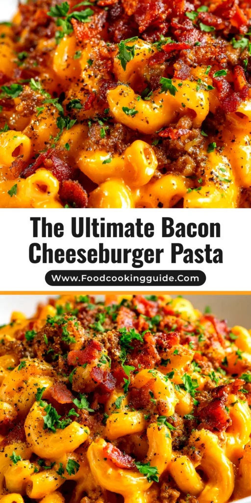 Bacon Cheeseburger Pasta (The Ultimate One-Pot Recipe) 3 A large white bowl filled with creamy Bacon Cheeseburger Pasta, topped with crispy bacon bits and fresh parsley.