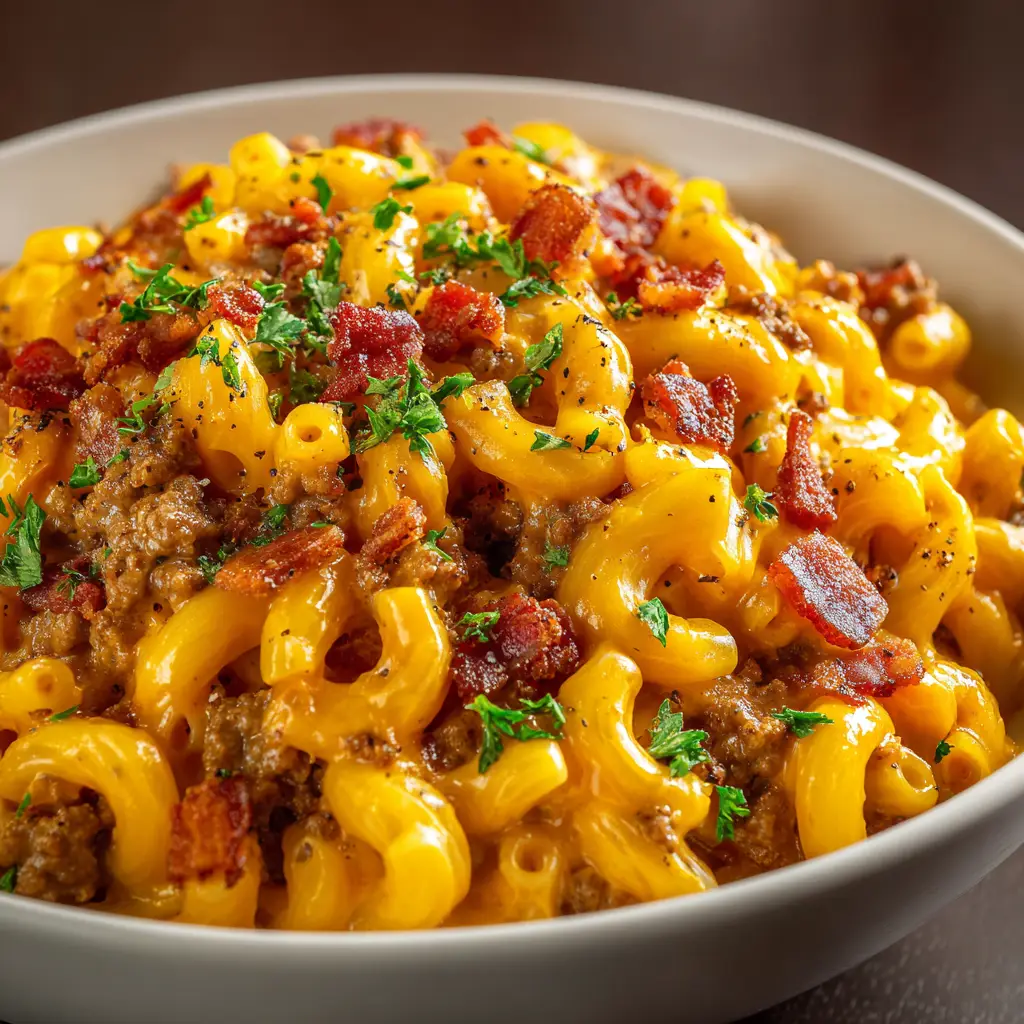 Bacon Cheeseburger Pasta (The Ultimate One-Pot Recipe) 1 A spoonful of bacon cheeseburger pasta being lifted from a bowl, showcasing the melted cheese and hearty ingredients.