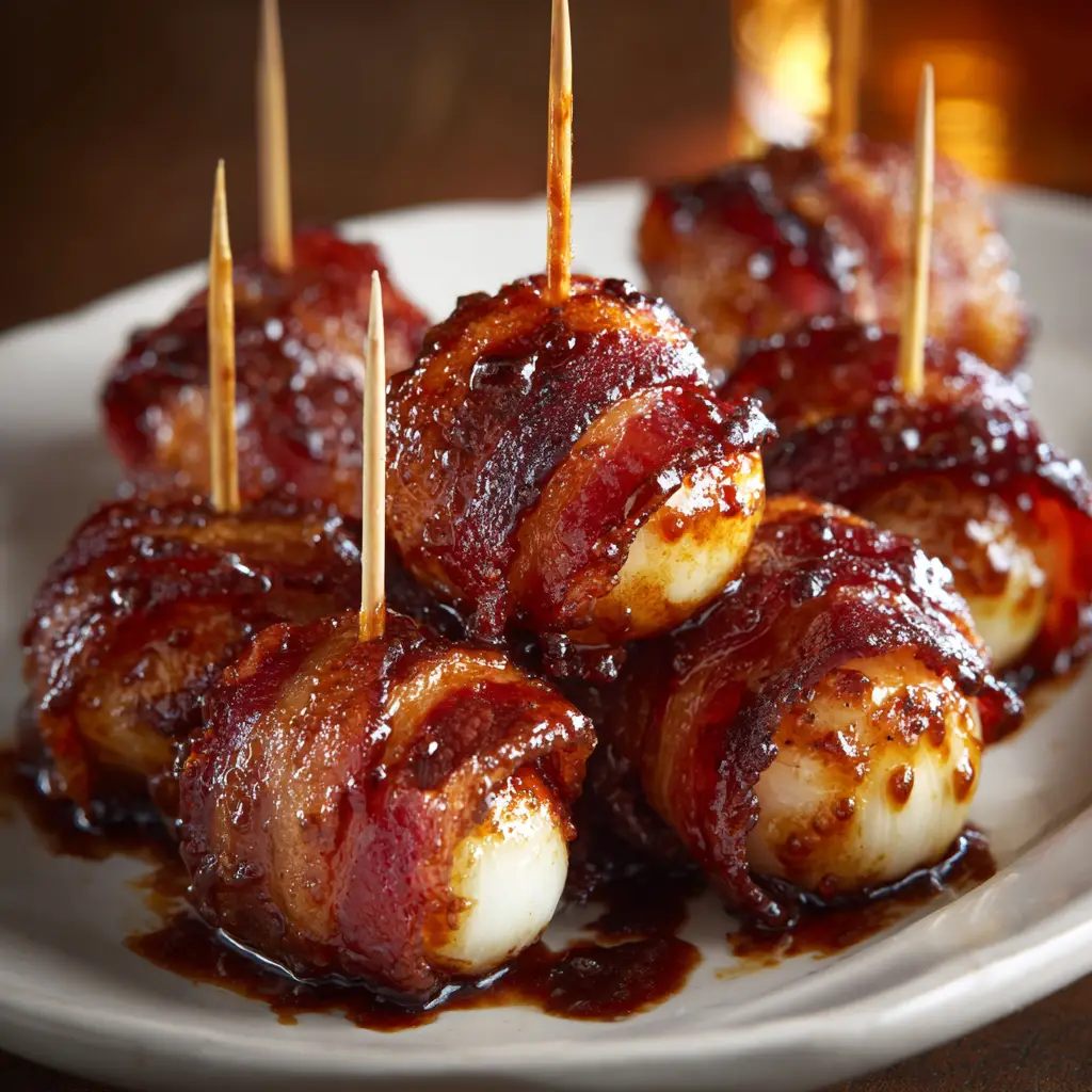 Bacon Wrapped Water Chestnuts (The Perfect Party Appetizer) 1 A baking sheet full of bacon wrapped water chestnuts ready to go into the oven, each secured with a toothpick.