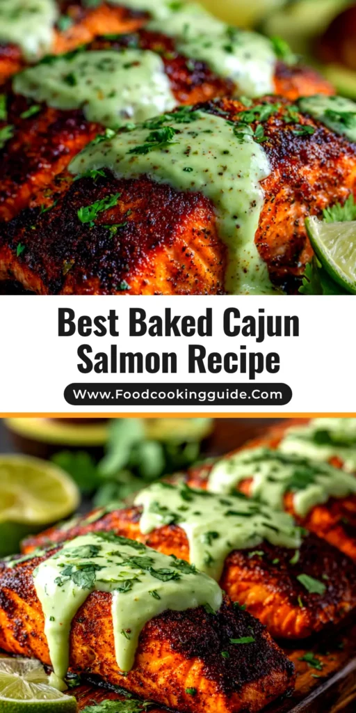 A perfectly baked cajun salmon fillet on a plate with lemon wedges and fresh parsley. The salmon has a vibrant, spicy crust, showcasing an easy 20-minute baked cajun salmon recipe.