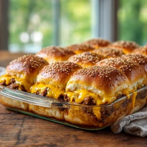 A batch of 12 pull-apart cheeseburger sliders baked together in a clear glass dish, showing the layers of beef and cheese.