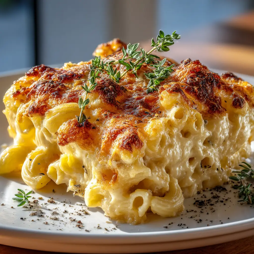 A spoonful of baked mac and cheese being lifted from a baking dish, showcasing a perfect, cheesy pull.
