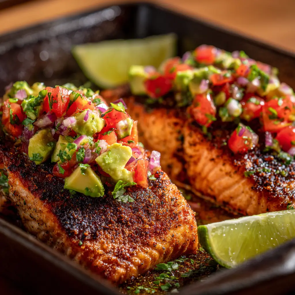 Two perfectly baked cilantro lime salmon fillets resting on a dark plate, showing the flaky texture and vibrant green cilantro.