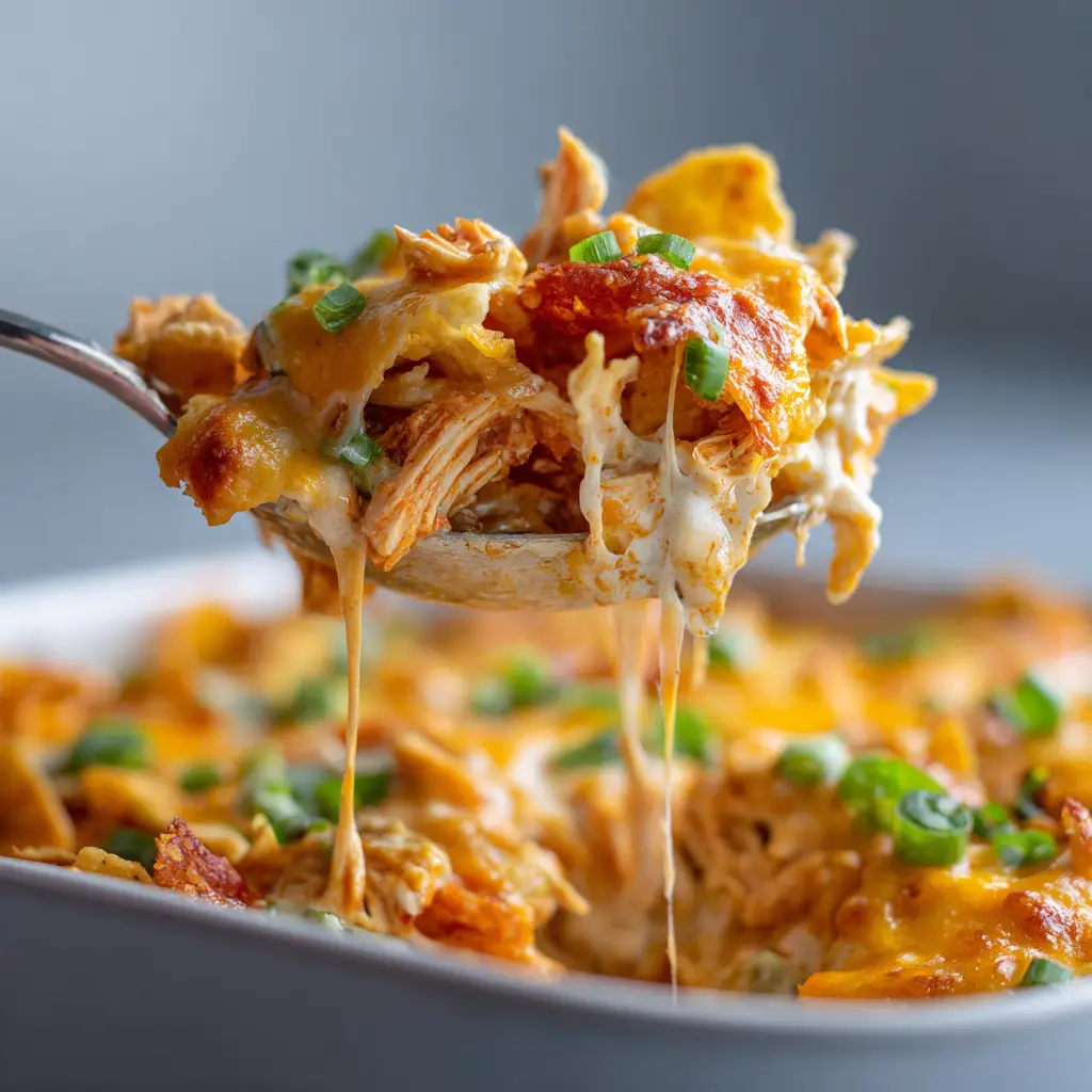 A close-up shot of the finished Doritos chicken casserole in a baking dish, ready to be served.
