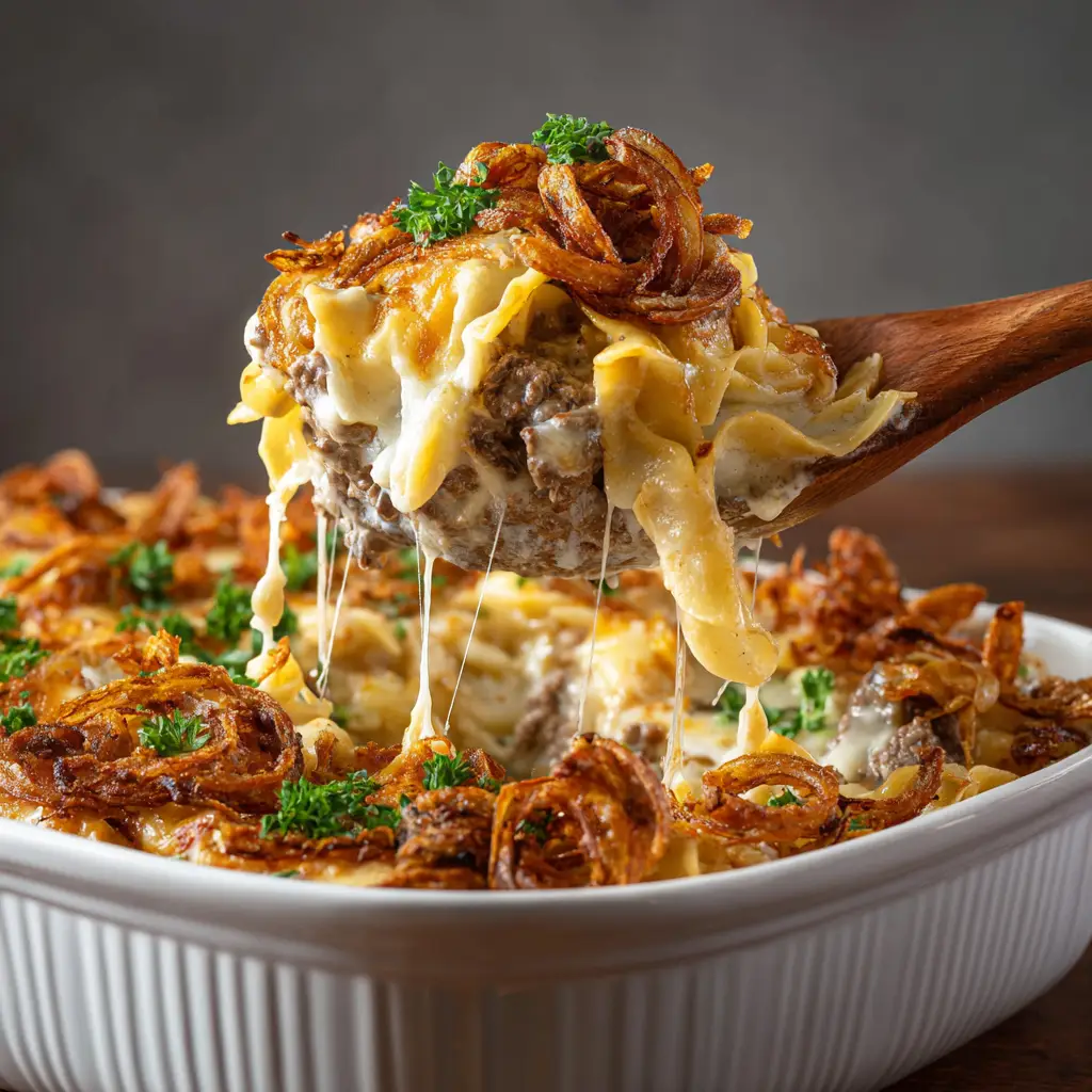 French Onion Beef Casserole: The Ultimate Comfort Meal 1 The finished French Onion Beef Casserole fresh out of the oven, with a perfectly browned Gruyère cheese crust and bubbly sauce.