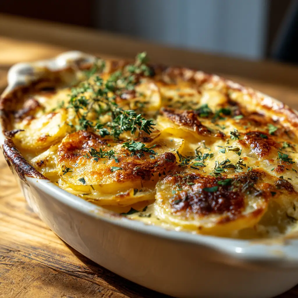 The finished French Onion Potatoes casserole in a white baking dish, garnished with fresh thyme.