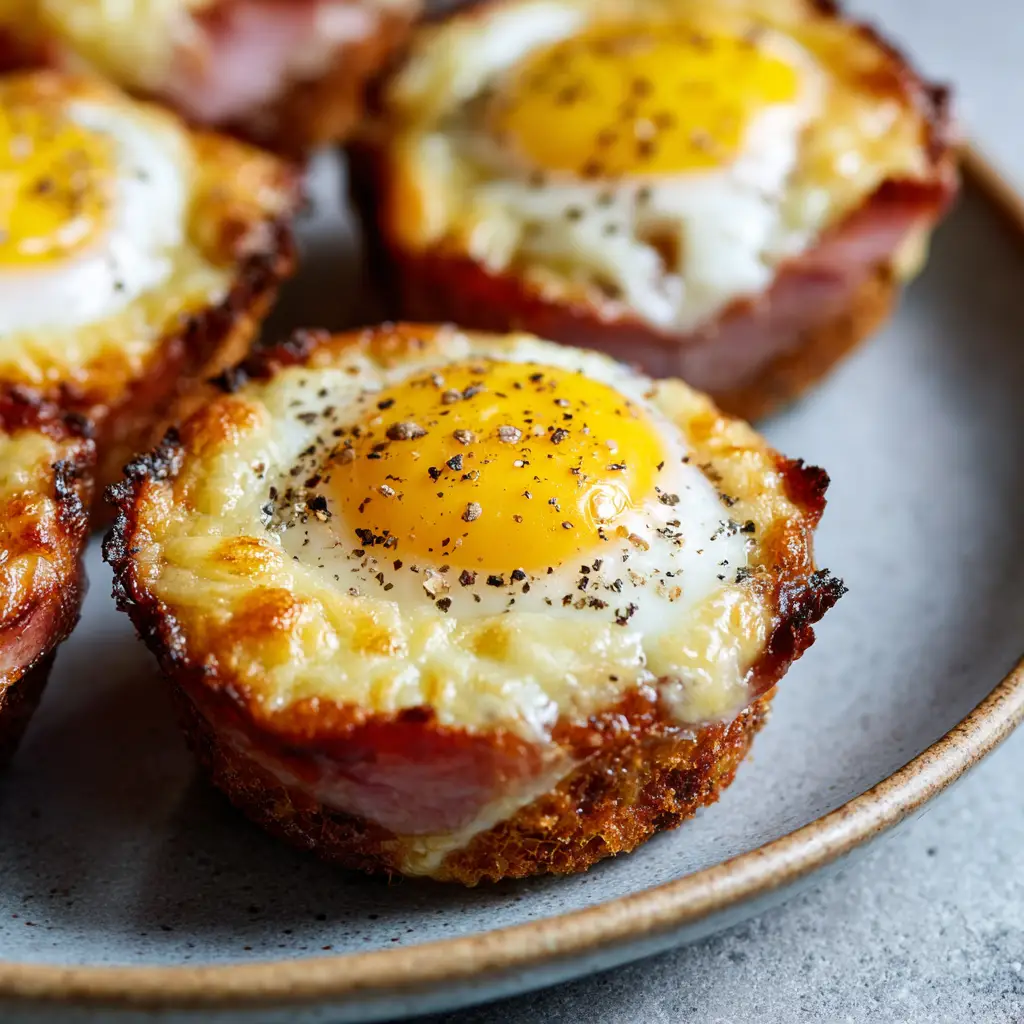 An extreme close-up of a single baked ham and cheese egg cup, showing the fluffy texture of the egg and the crispy edge of the ham.