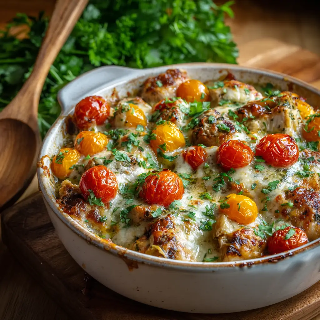 The finished Salsa Verde Chicken Casserole, baked to golden perfection in a 9x13 dish and garnished with fresh cilantro.