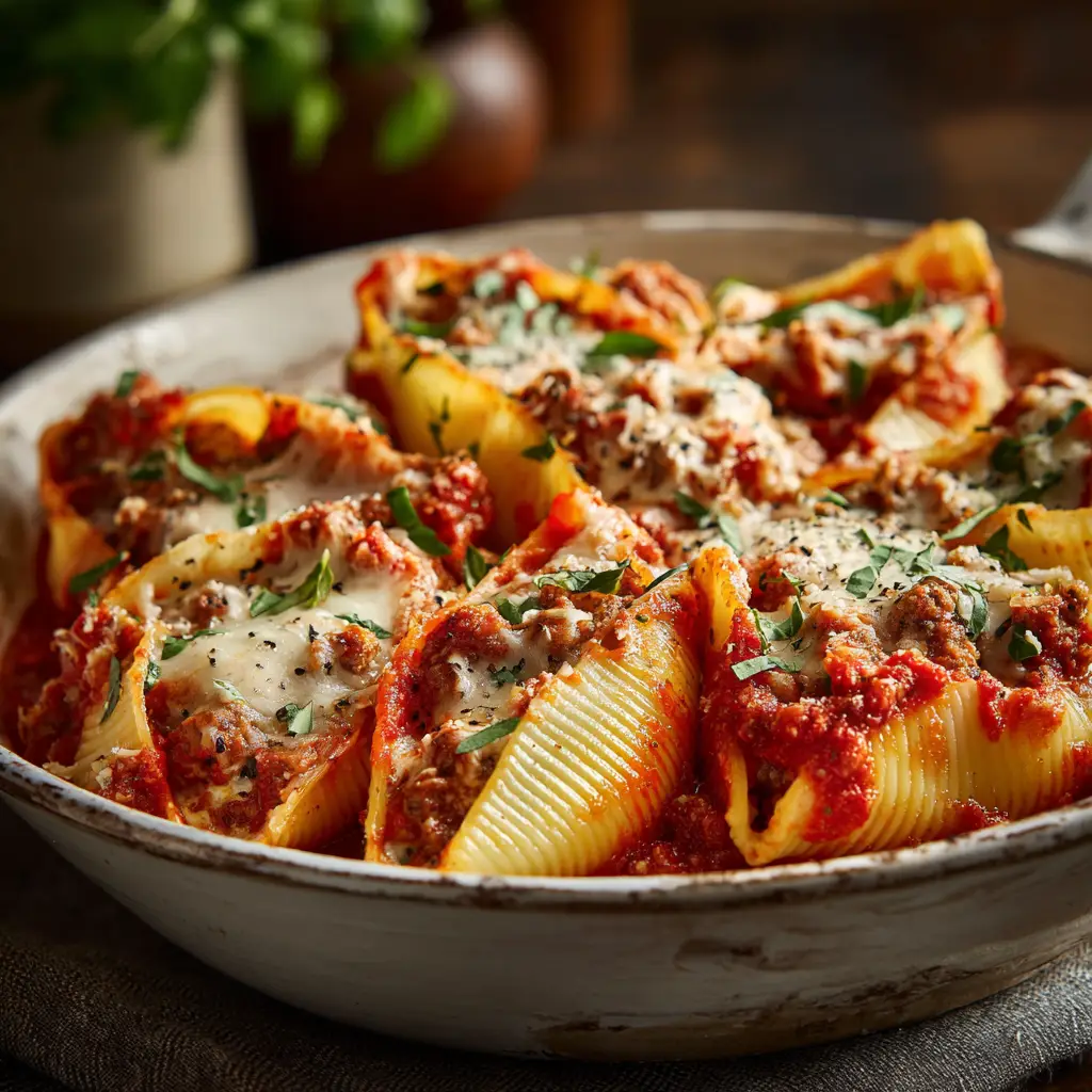 Sausage Stuffed Shells: The Ultimate Comfort Food Recipe 1 A serving of three baked sausage stuffed shells on a white plate, garnished with fresh basil, showcasing the final plated dish.
