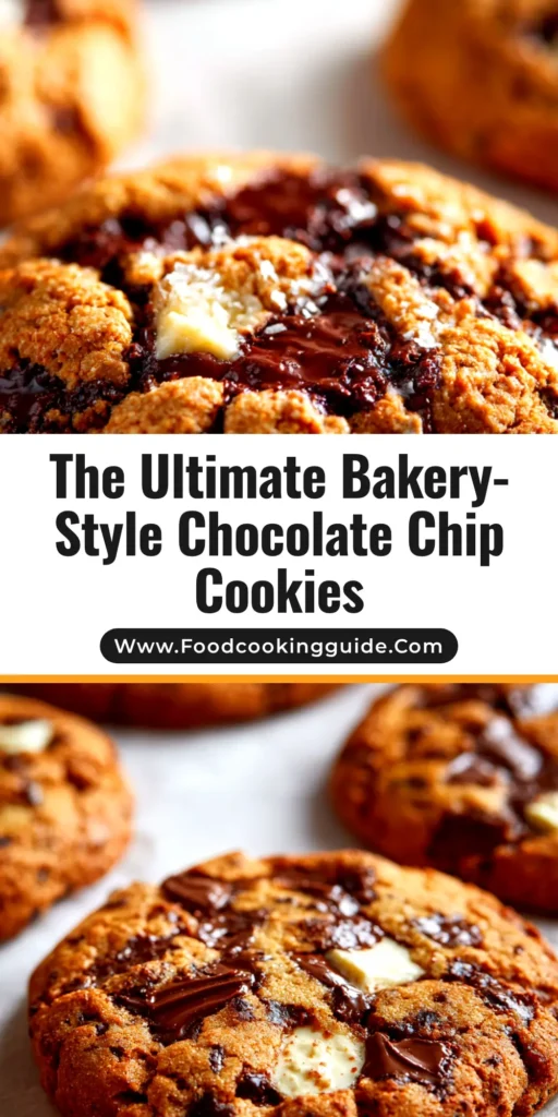 A stack of thick and chewy bakery-style chocolate chip cookies next to a glass of milk, showcasing pools of melted chocolate.