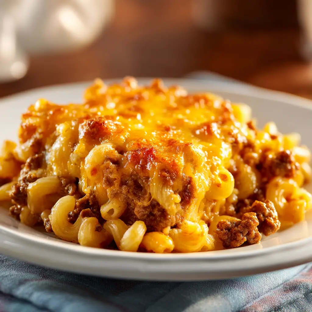 Beef Macaroni Casserole: A Cheesy, Hearty Family Favorite 1 A serving of the ground beef pasta bake on a white plate, garnished with fresh parsley.
