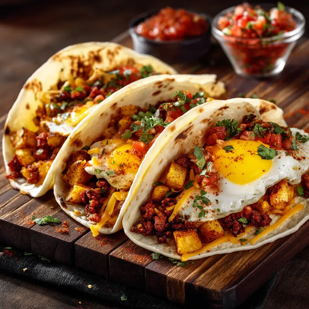 A serving of the best breakfast tacos with perfectly scrambled eggs, ready for breakfast or brunch.