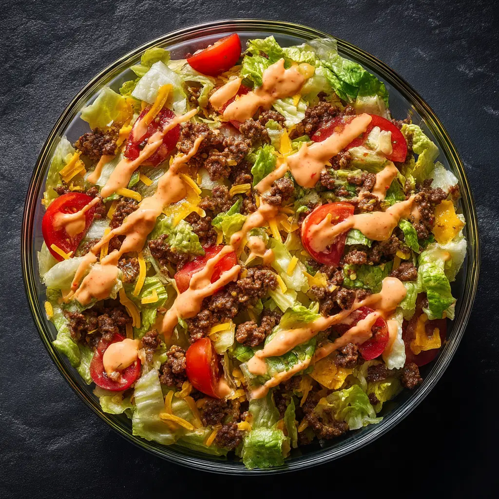 Big Mac Salad: The Ultimate Recipe for Burger Lovers 1 A large bowl of Big Mac Salad being tossed, showing the special sauce dressing coating the fresh ingredients.