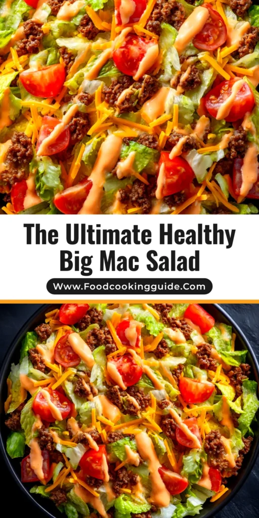 Big Mac Salad: The Ultimate Recipe for Burger Lovers 3 A large glass bowl filled with a fresh Big Mac Salad, topped with seasoned ground beef, shredded cheese, pickles, and a generous drizzle of special sauce.
